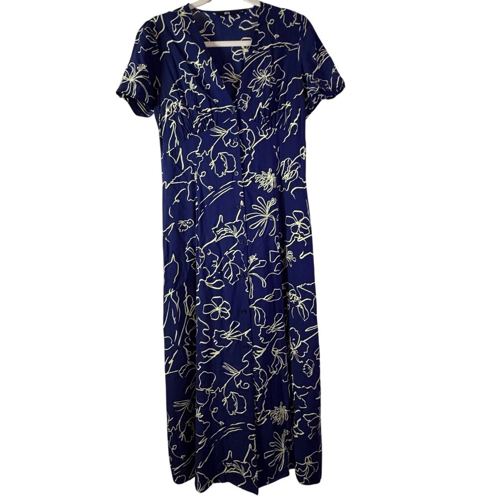 Uniqlo Blue Floral V Neck Midi Dress Short Sleeve S - Picture 2 of 8